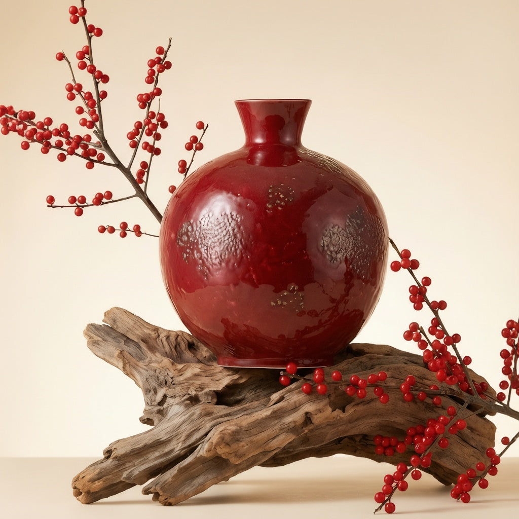 Red glazed ceramic pomegranate vase on driftwood