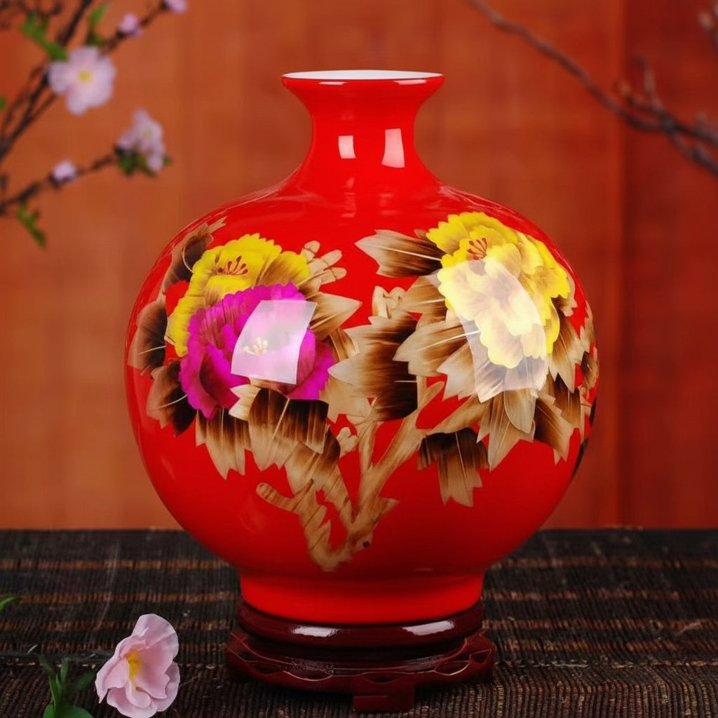 Red Glazed Ceramic Round Decorative Vase with Floral Motif