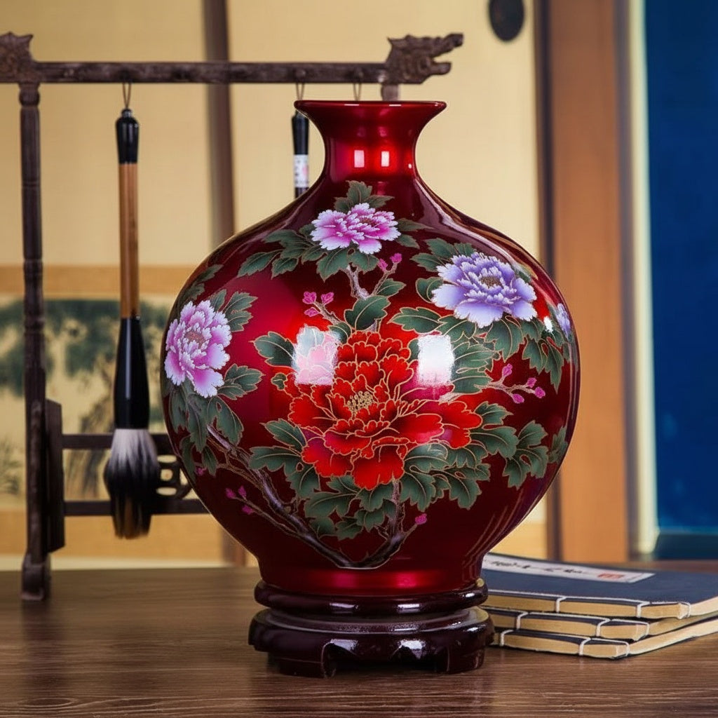 Red Glazed Floral Round Porcelain Vase