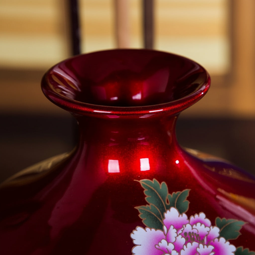 Red Glazed Floral Round Porcelain Vase Detail