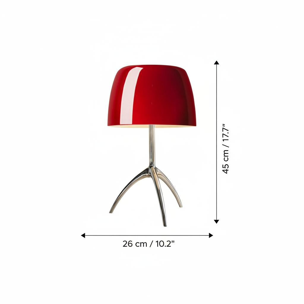 Dimensions diagram of red tripod table lamp showing height and width