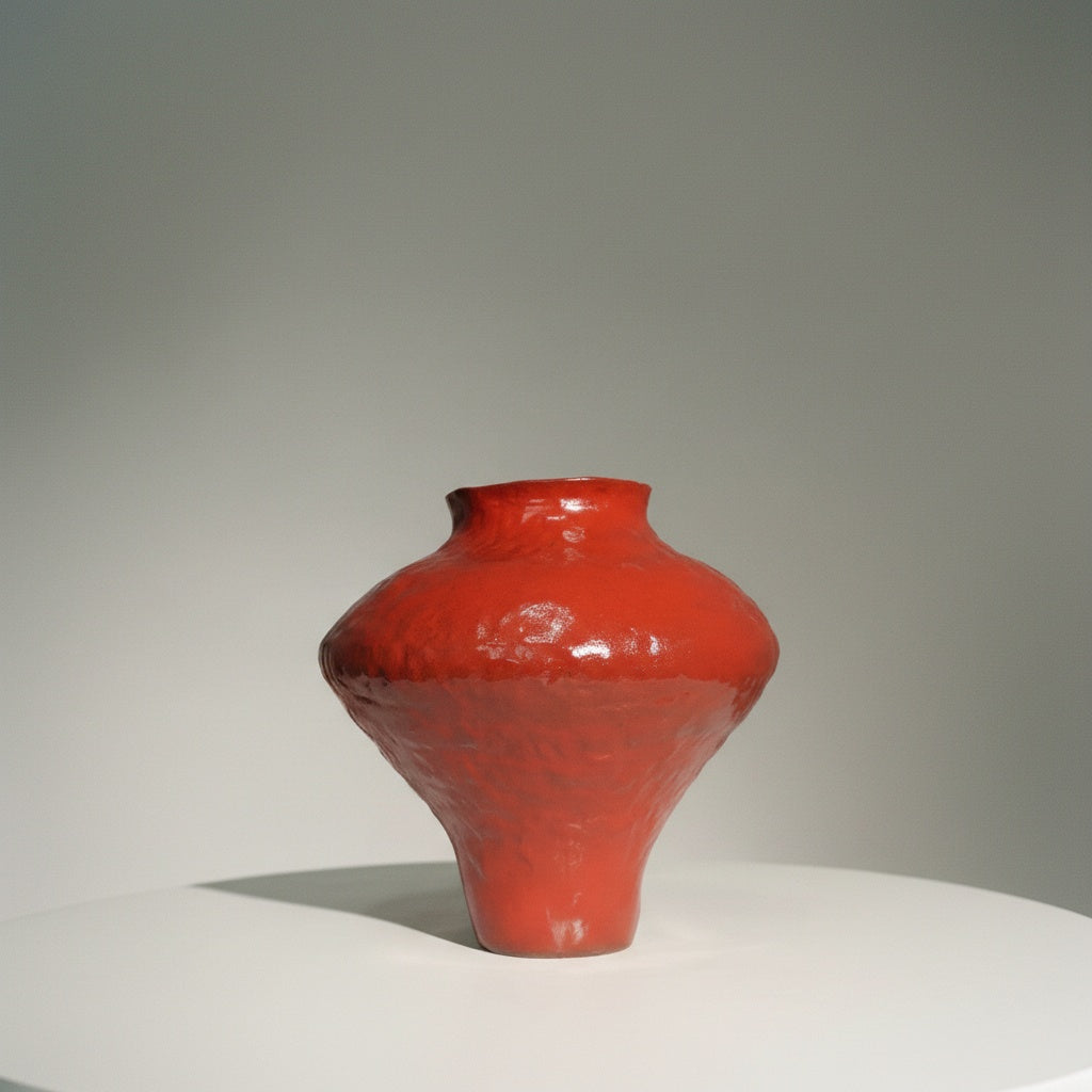 Front view of red gloss textured ceramic vase against neutral background