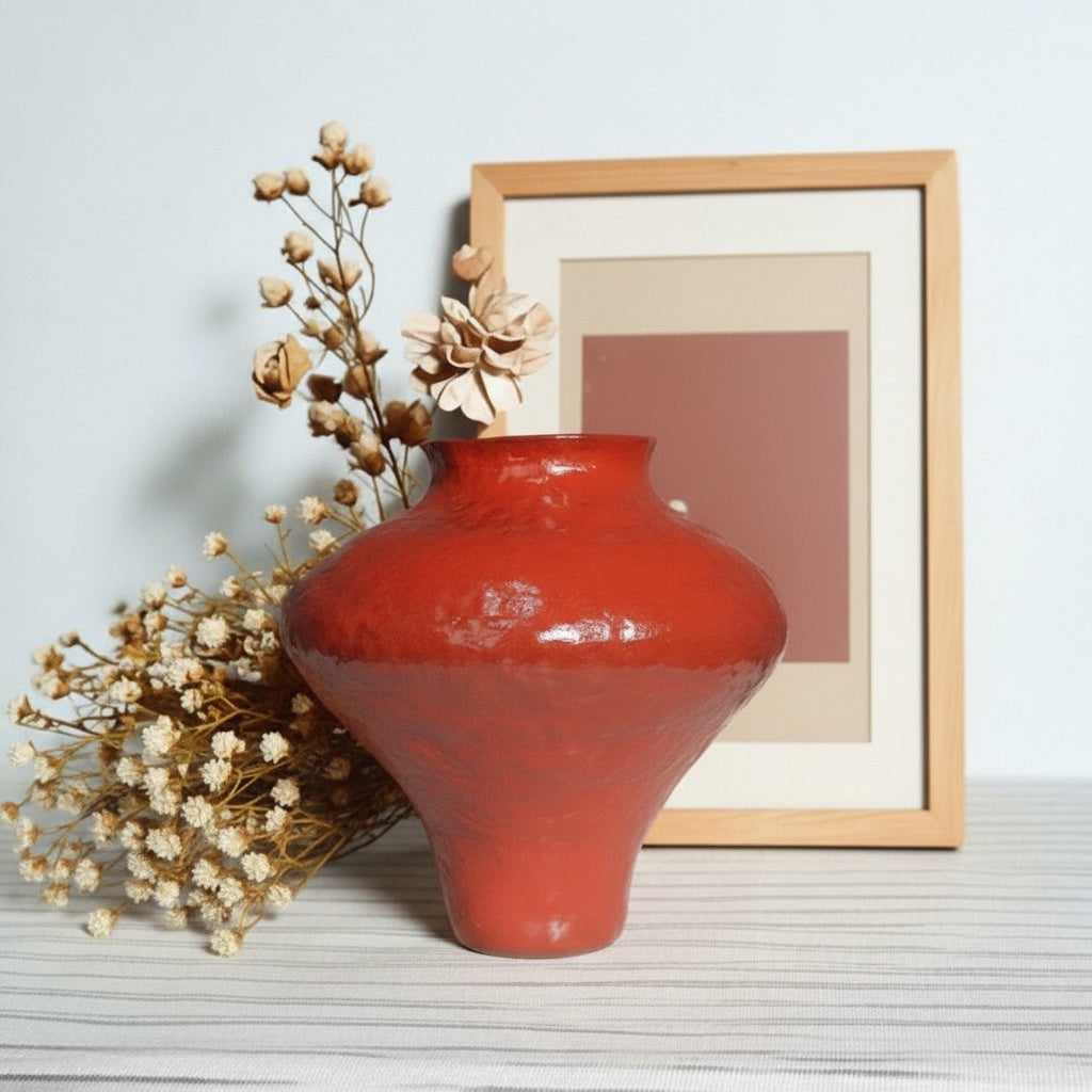 Red textured ceramic vase styled with dried flowers on table