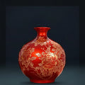 Red and gold floral ceramic round vase
