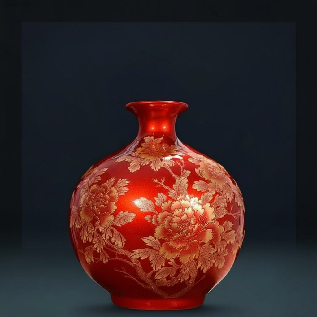Red and gold floral ceramic round vase