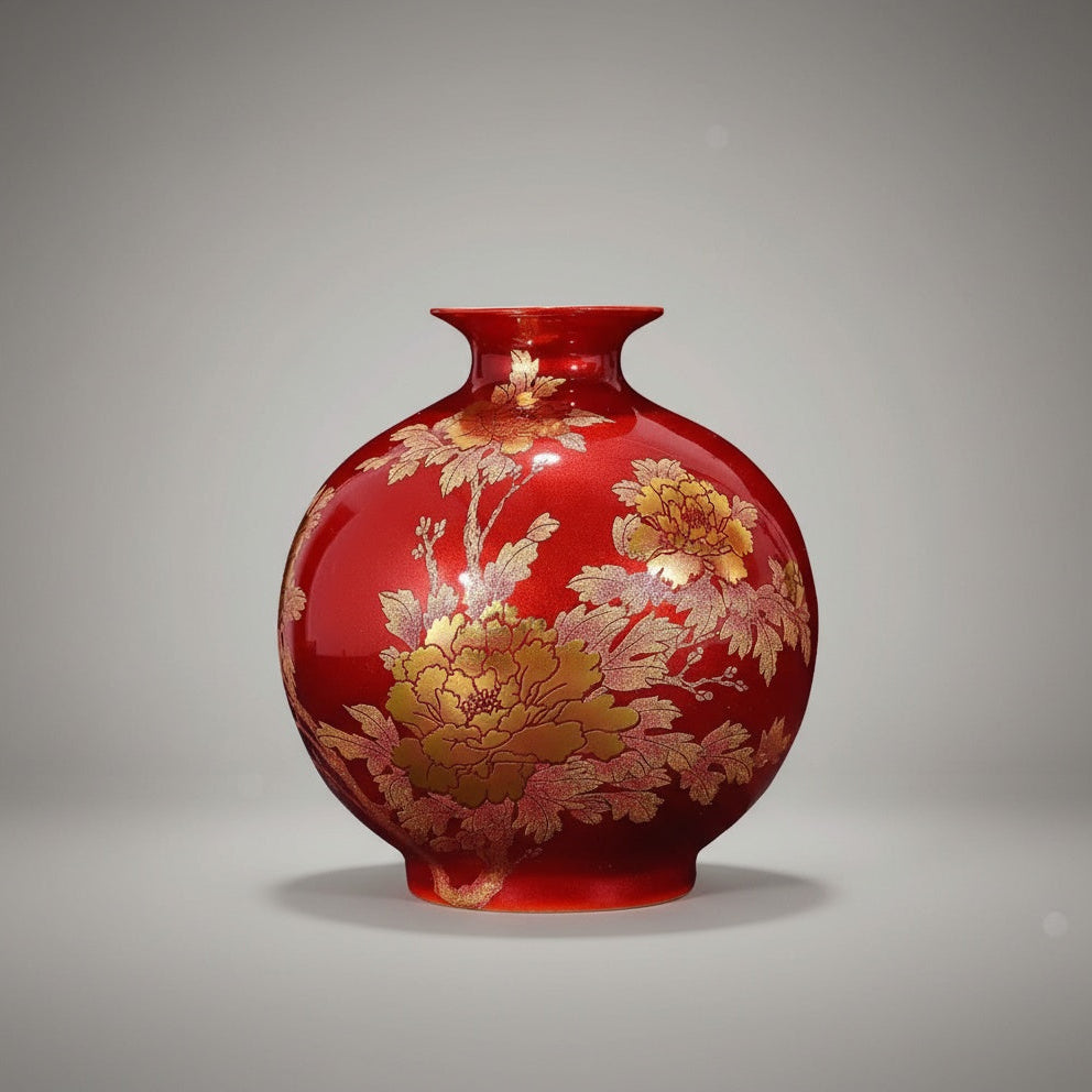 Red and gold floral ceramic round vase