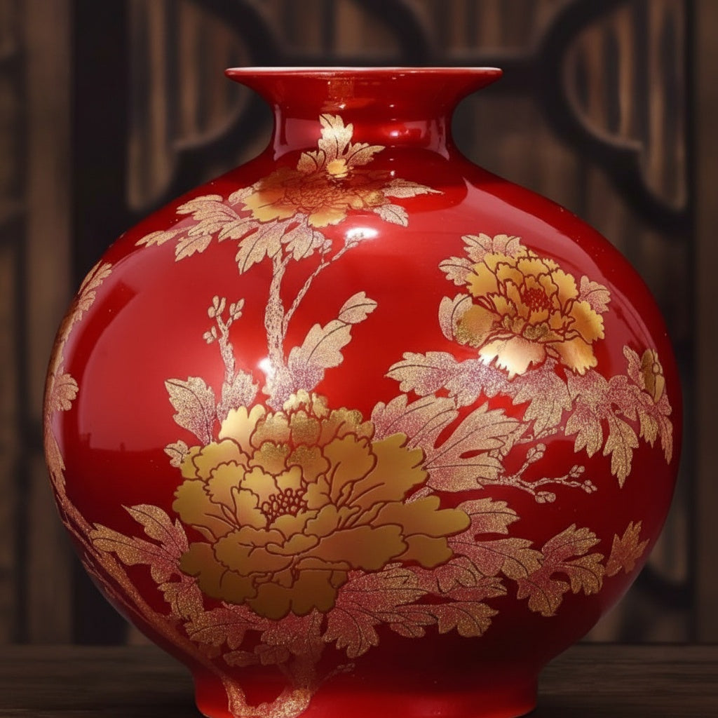 Red and gold floral ceramic round vase
