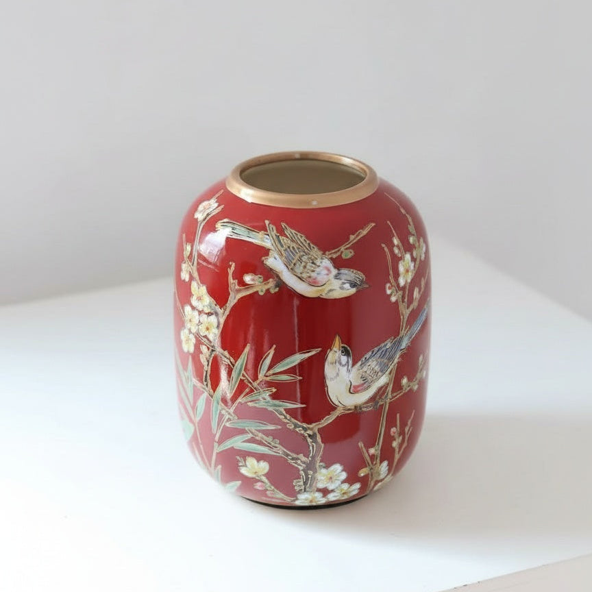Red Painted Porcelain Bird & Floral Vase
