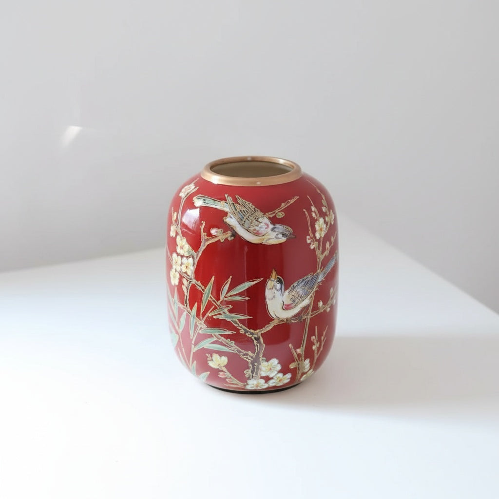 Red Painted Porcelain Bird & Floral Vase