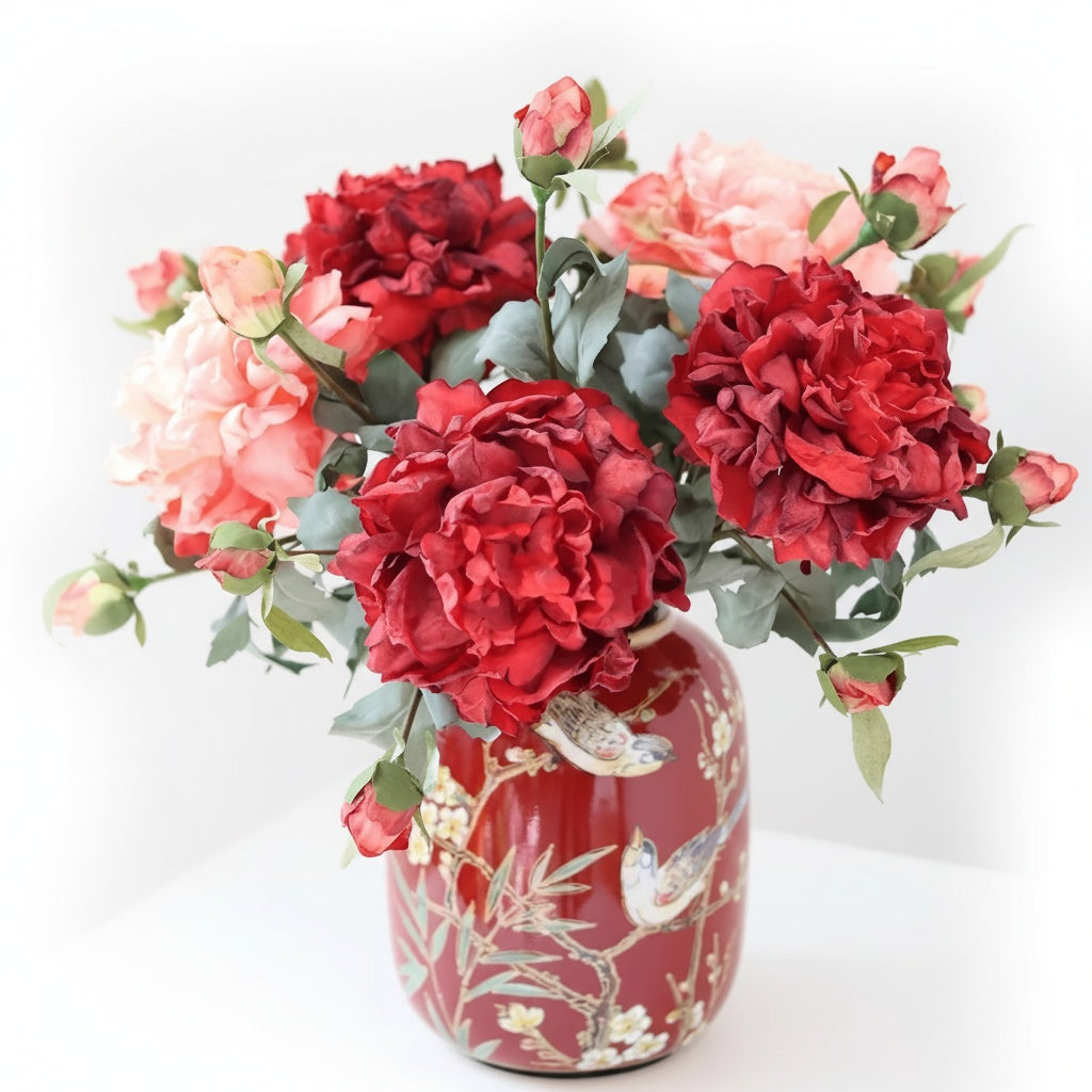 Red Painted Porcelain Bird & Floral Vase