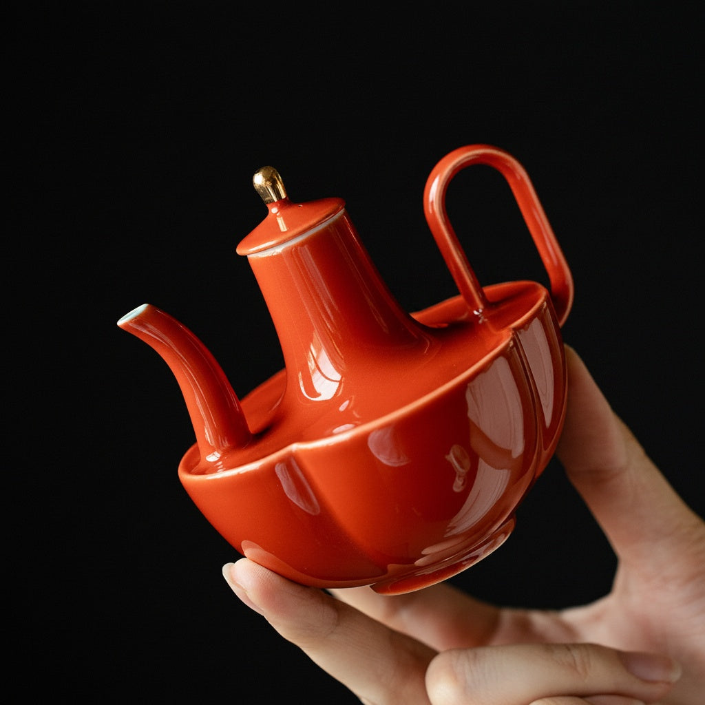 Red Porcelain Scalloped Teapot