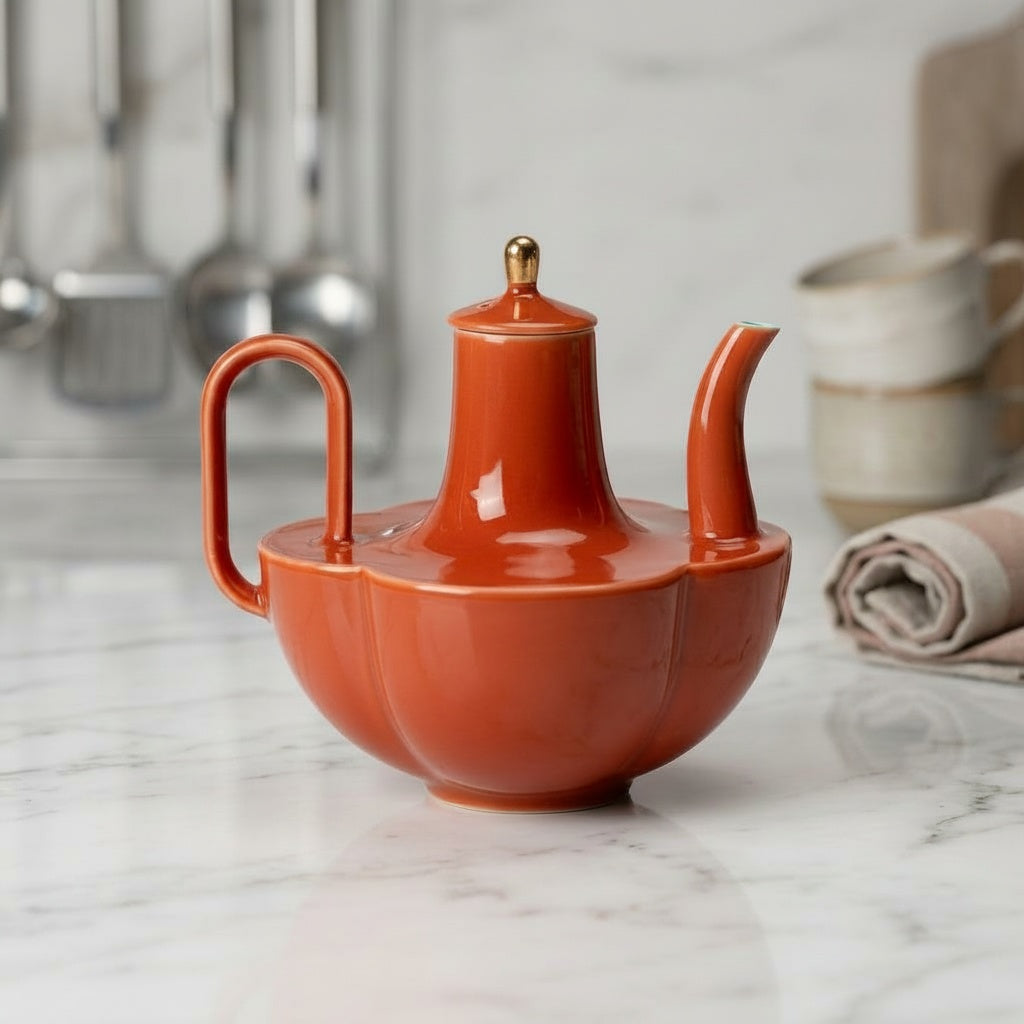 Red Porcelain Scalloped Teapot