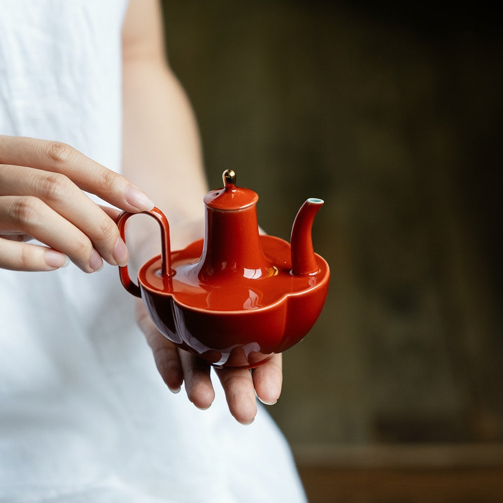 Red Porcelain Scalloped Teapot
