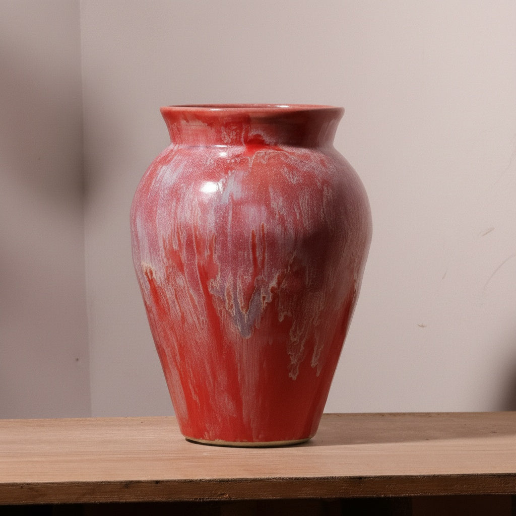Red reactive glaze ceramic vase front view