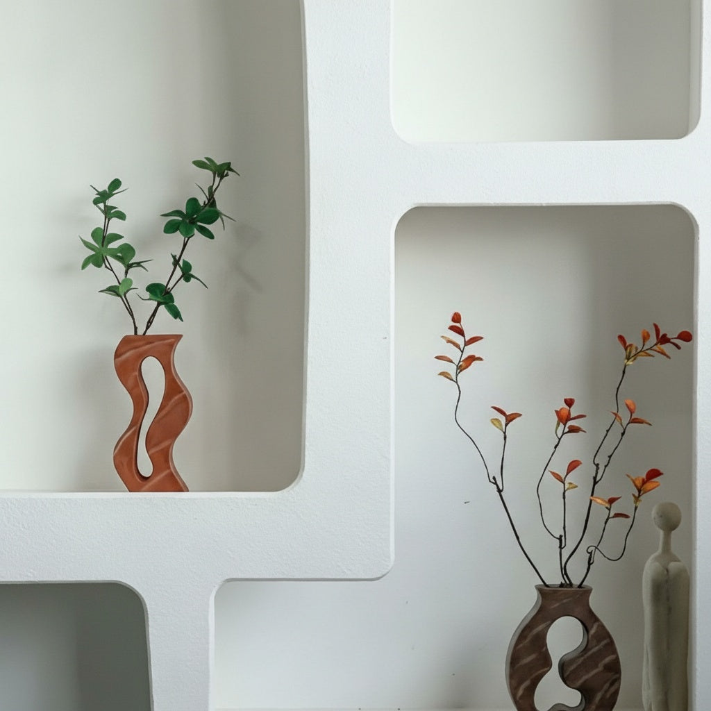 Red sandstone finish wavy cutout vase on white shelf