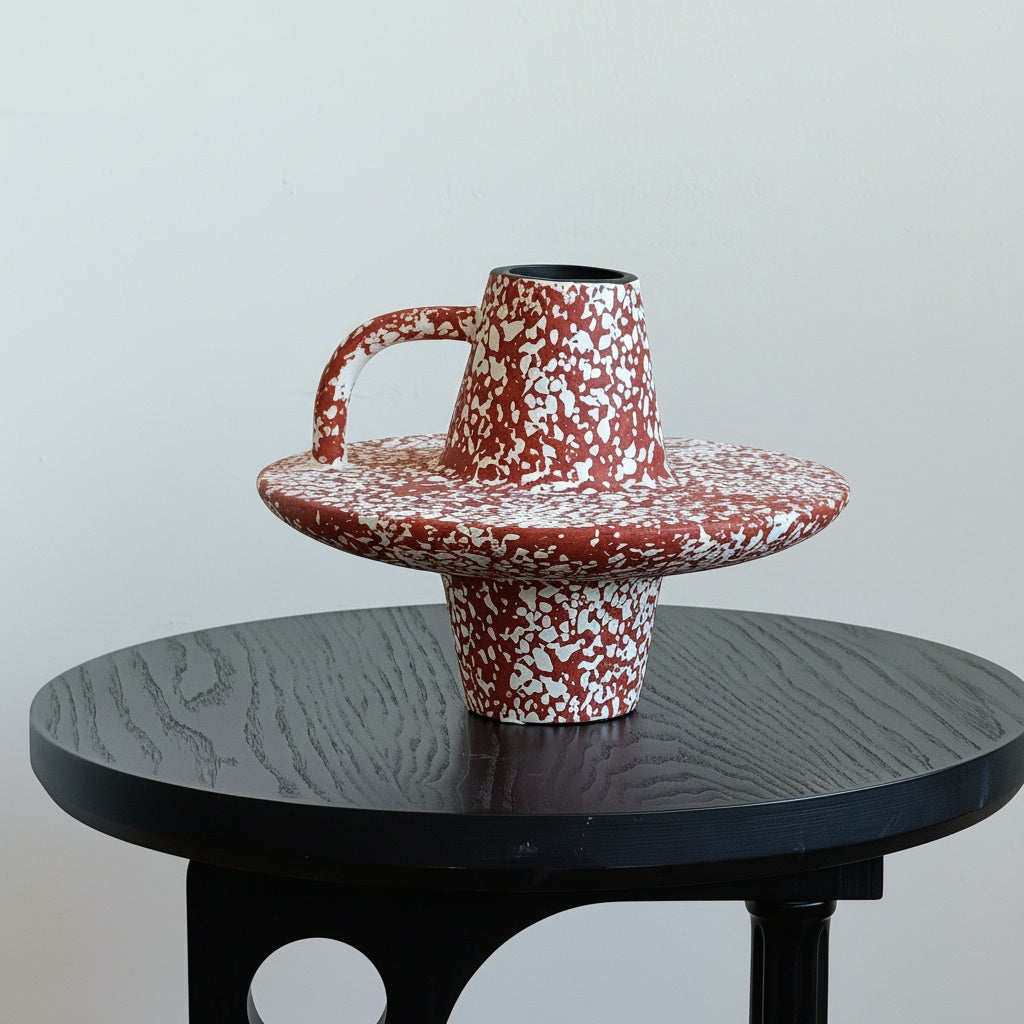 Red speckled ceramic geometric handled vase on a black table