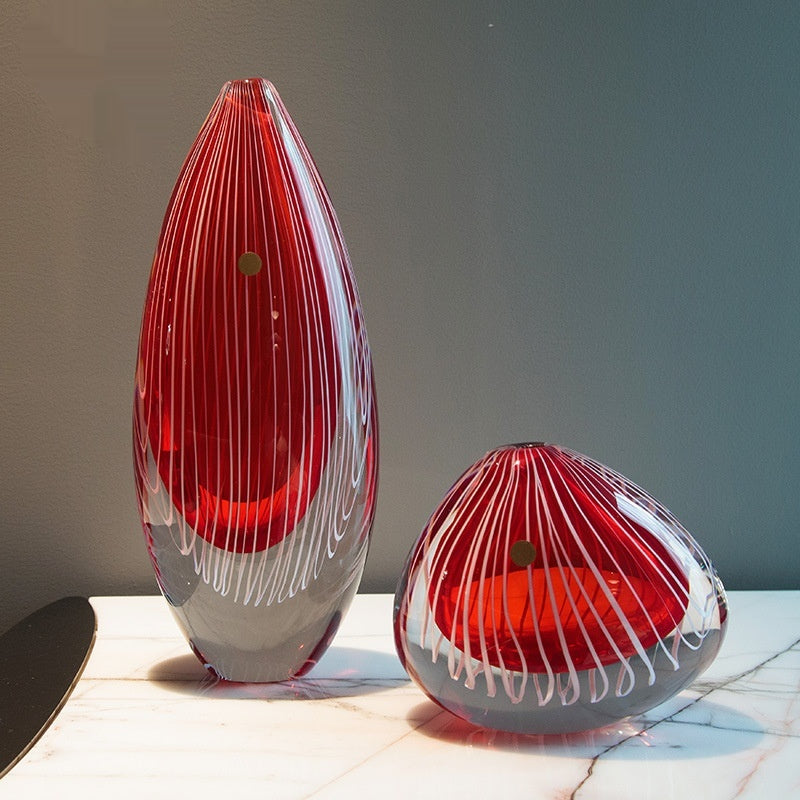 Red striped crystal teardrop vases group shot