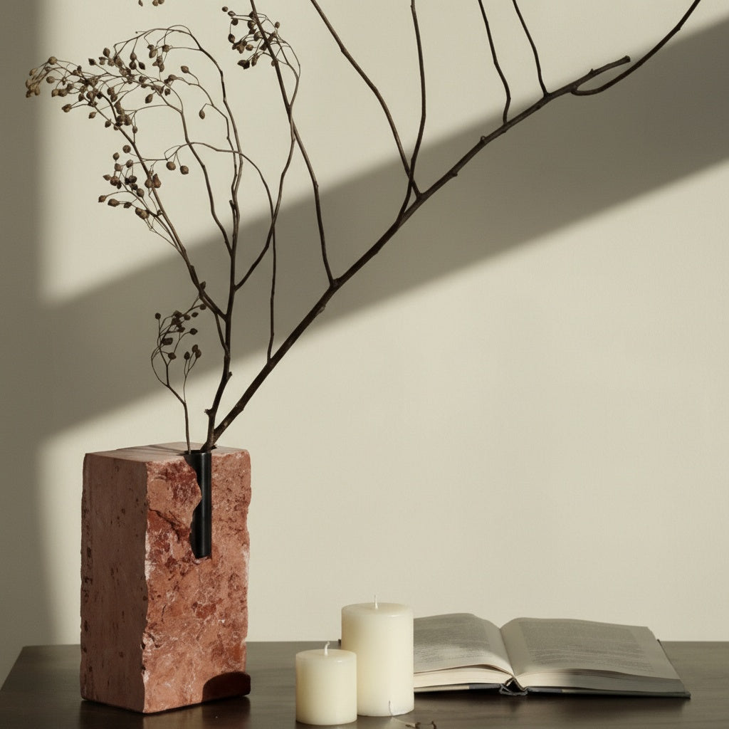Red travertine stone vase with dried branches on table