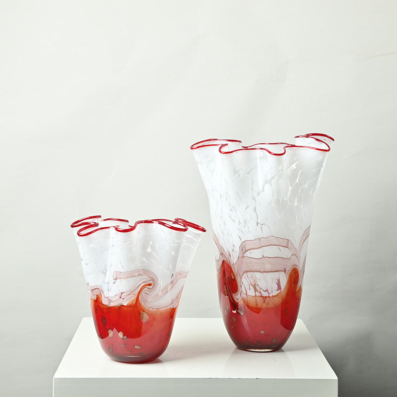 Red and white art glass vases with ruffled rims in two sizes