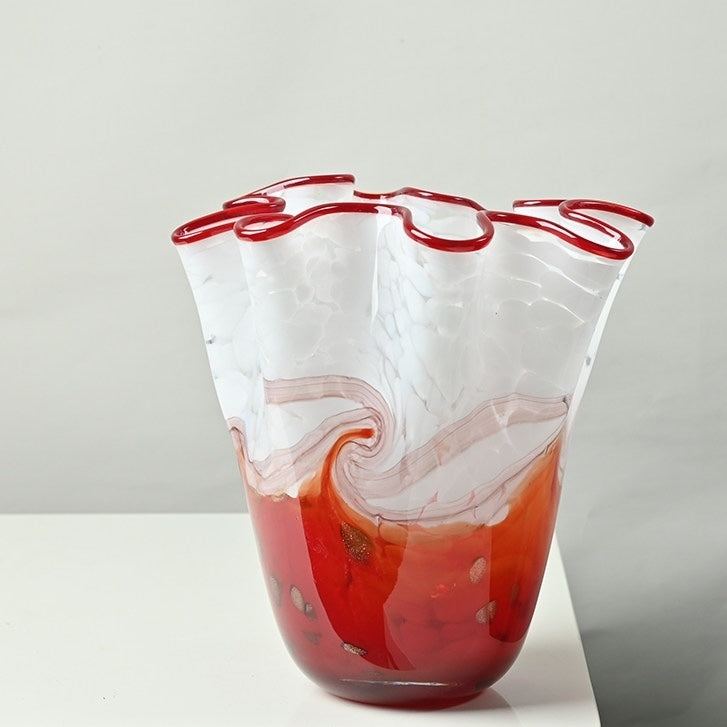 Medium art glass vase with red base and white ruffled top