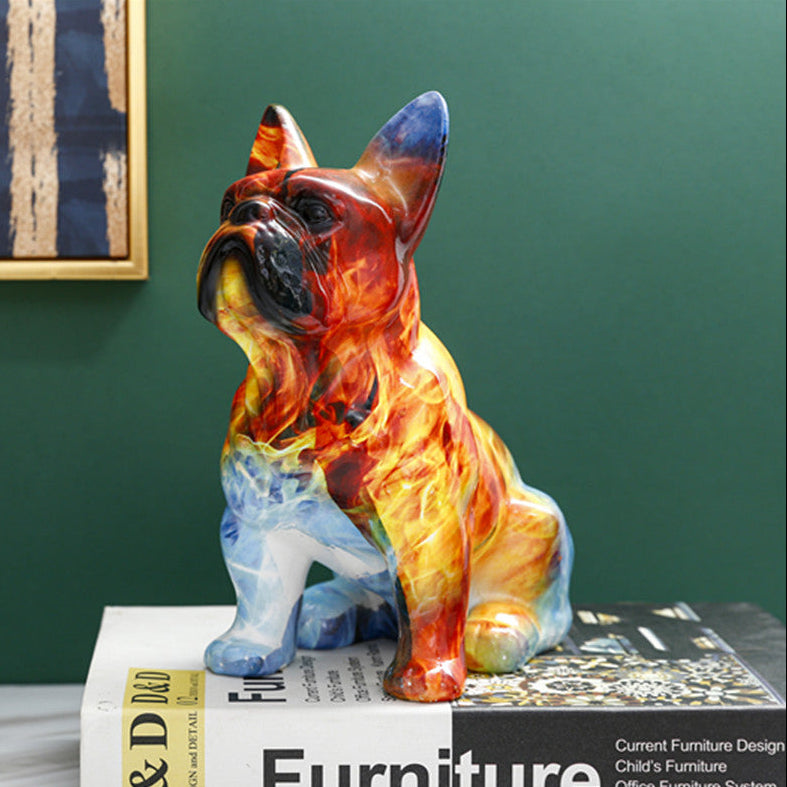 Front view of resin flame pattern French Bulldog sculpture