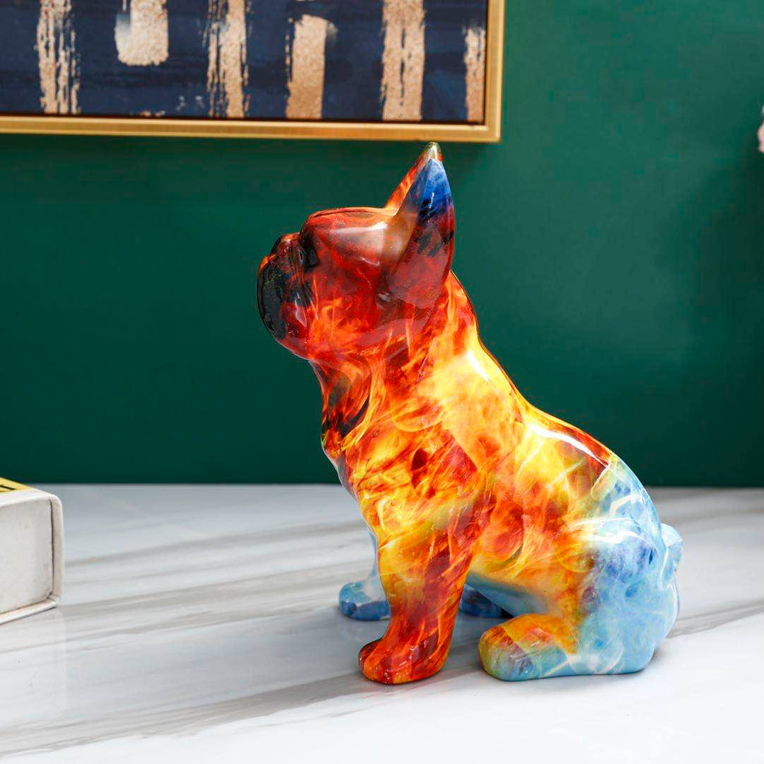 Side profile of abstract fire print dog statue