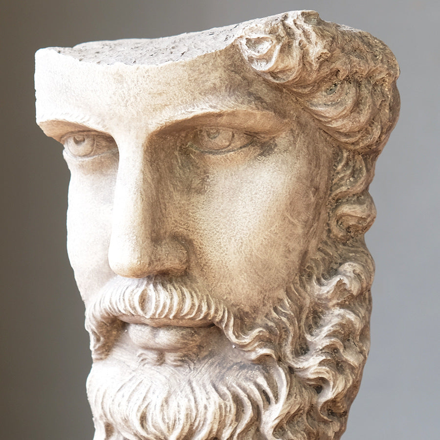 Detailed close up of face and hair on white classical sculpture