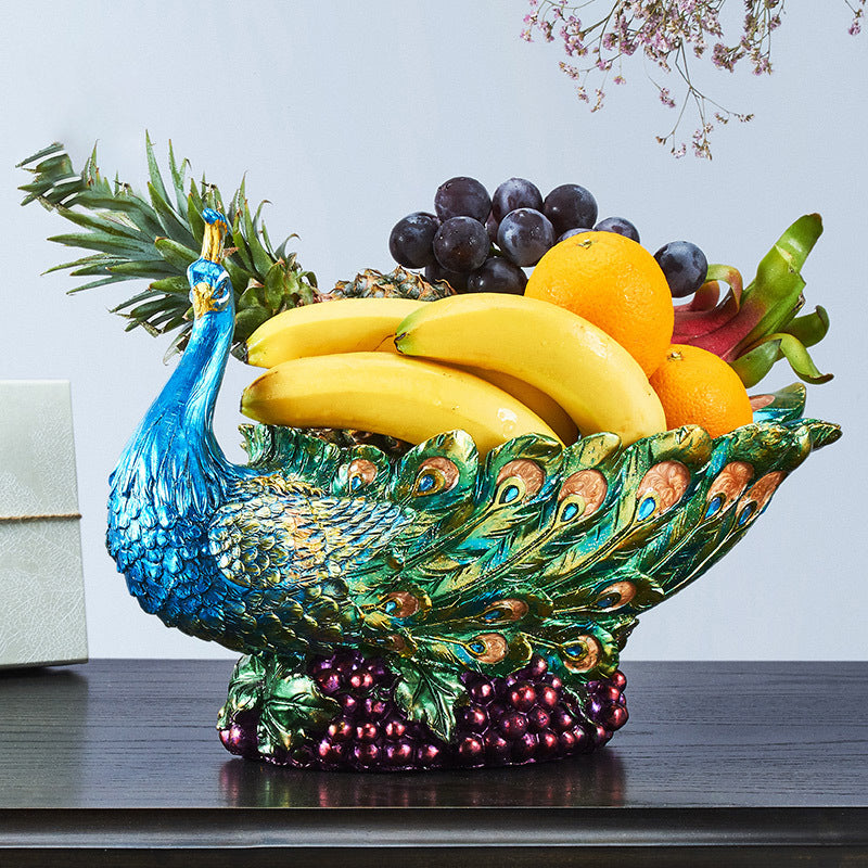 Angled view of peacock sculpture bowl empty