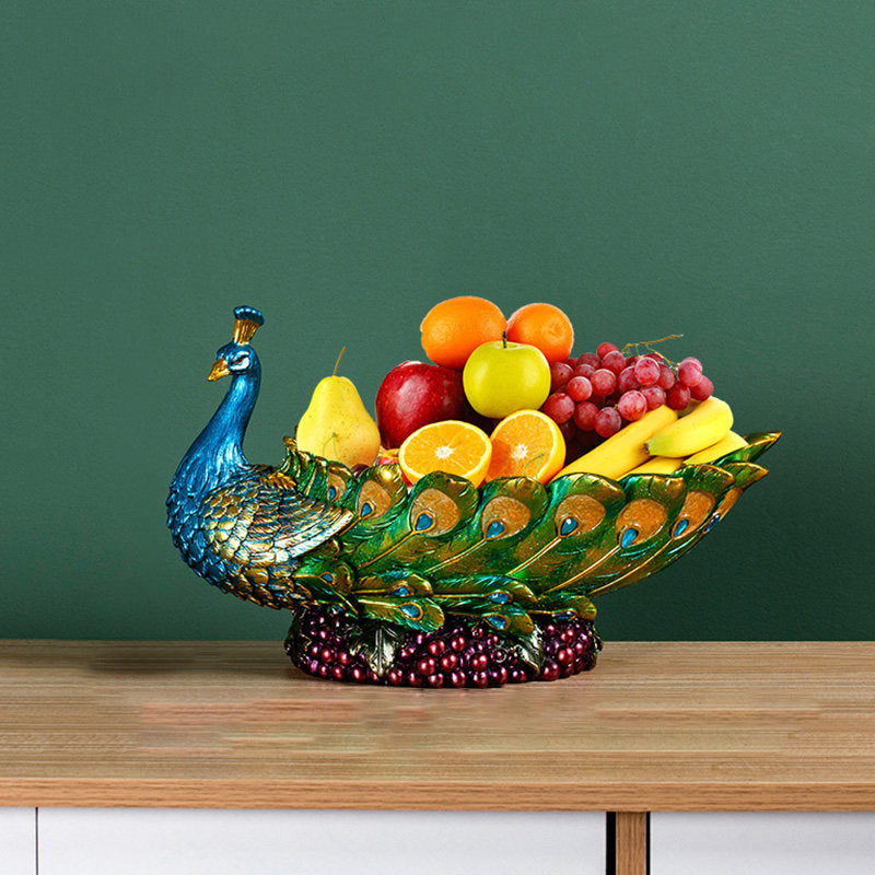 Side profile of peacock centerpiece with fruit