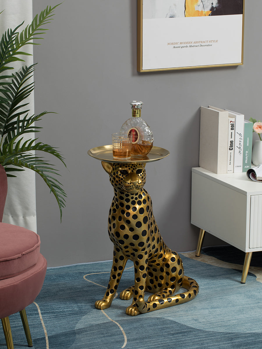 Angled view of leopard tray table in living room setting
