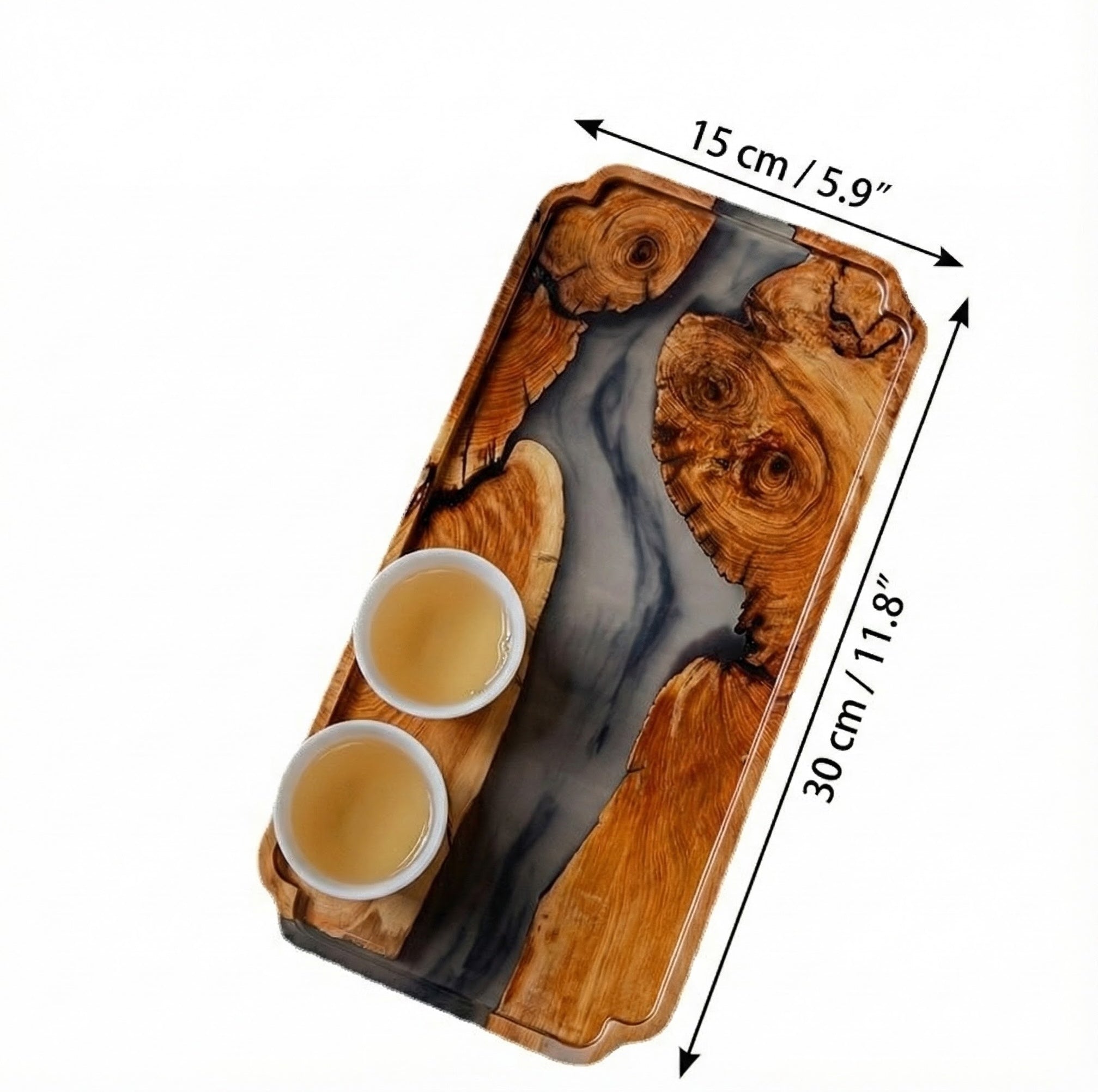 Dimension guide showing 30cm length and 15cm width of the handcrafted burl wood tray