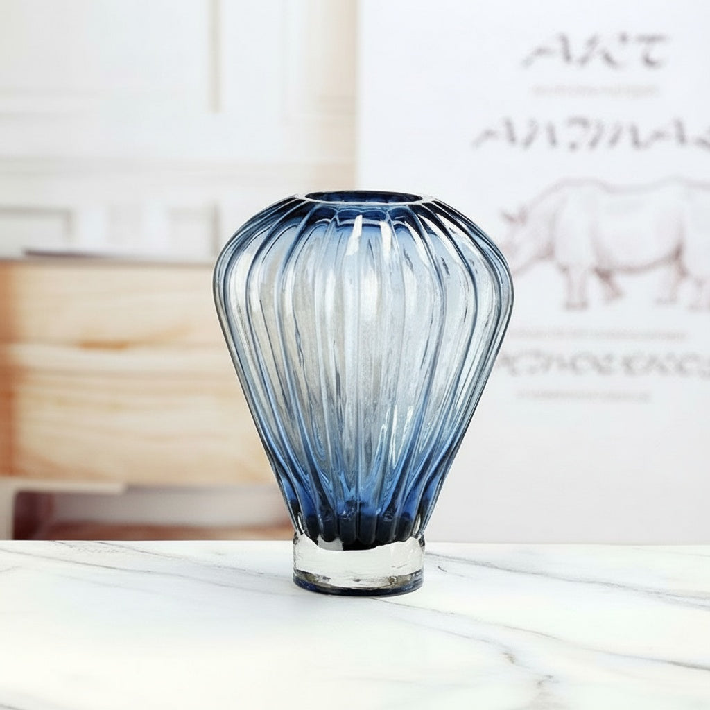 Ribbed Blue Glass Teardrop Vase