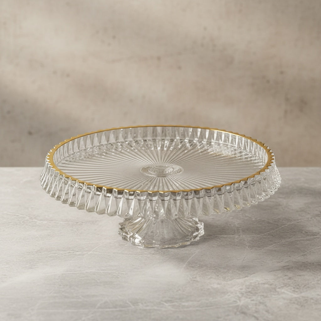 Ribbed crystal glass cake stand with gold rim detail