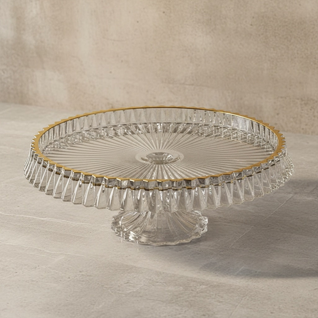 Top view of crystal glass cake stand showing radial pattern