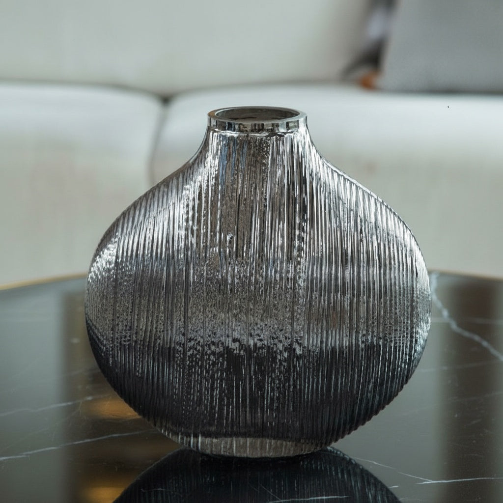 Ribbed Graphite Round Vase