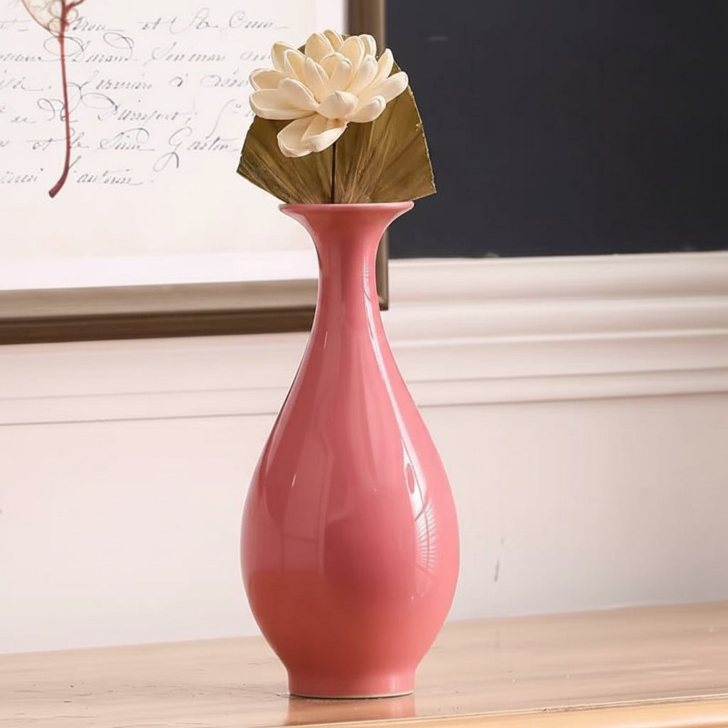 Rose Pink Ceramic Teardrop Vase With Botanical