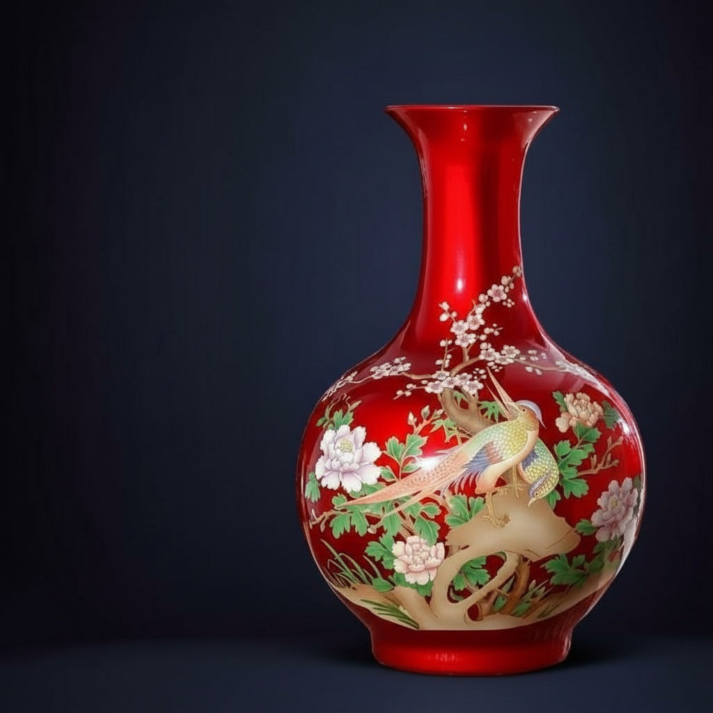 Ruby Red Porcelain Floral And Bird Vase