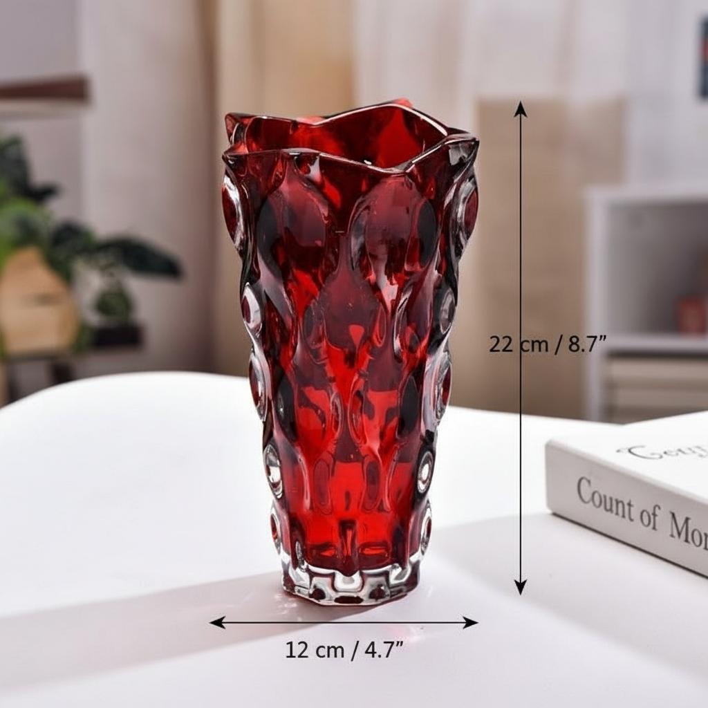 Dimensions diagram of ruby red glass vase showing height and width
