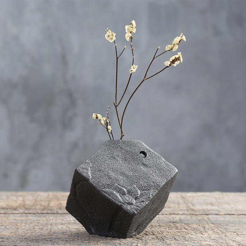 Square stone-shaped black ceramic vase