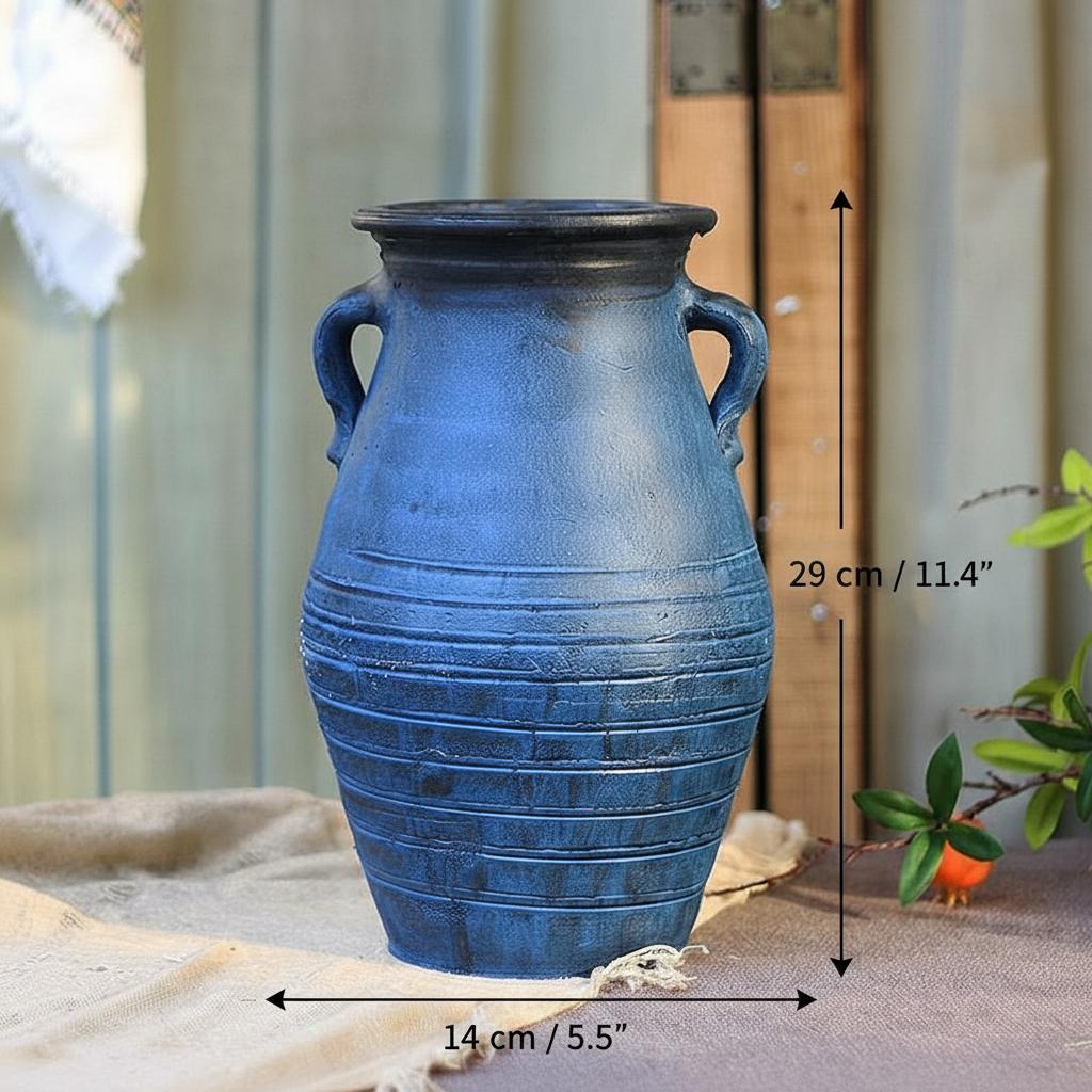 Dimensions of the blue ceramic vase showing height and width