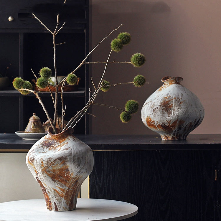 Close up of tall rustic vase texture