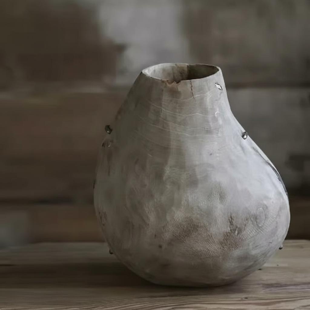 Round hand carved wooden vase angle view