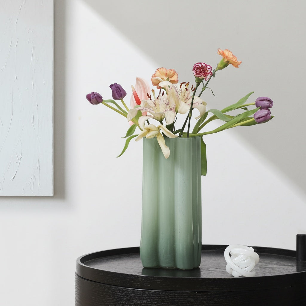 Sage Green Fluted Glass Vase Styled With Flowers