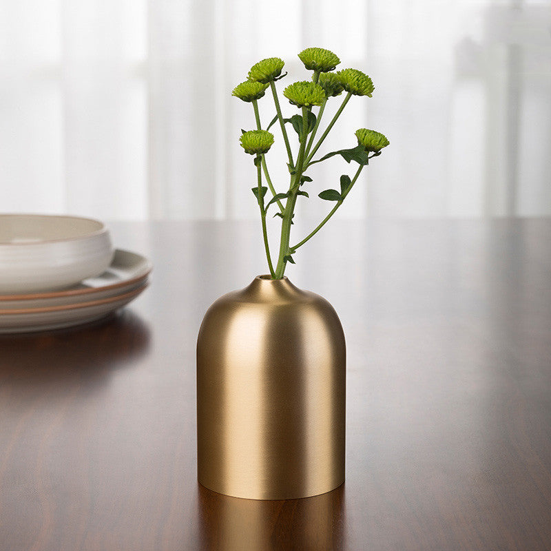 Satin copper minimalist bud vase dome shape with green flowers