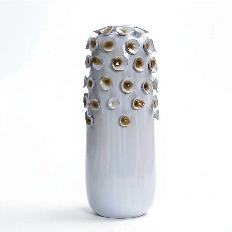 Sculptural Ceramic Cylindrical Vase in Light Grey