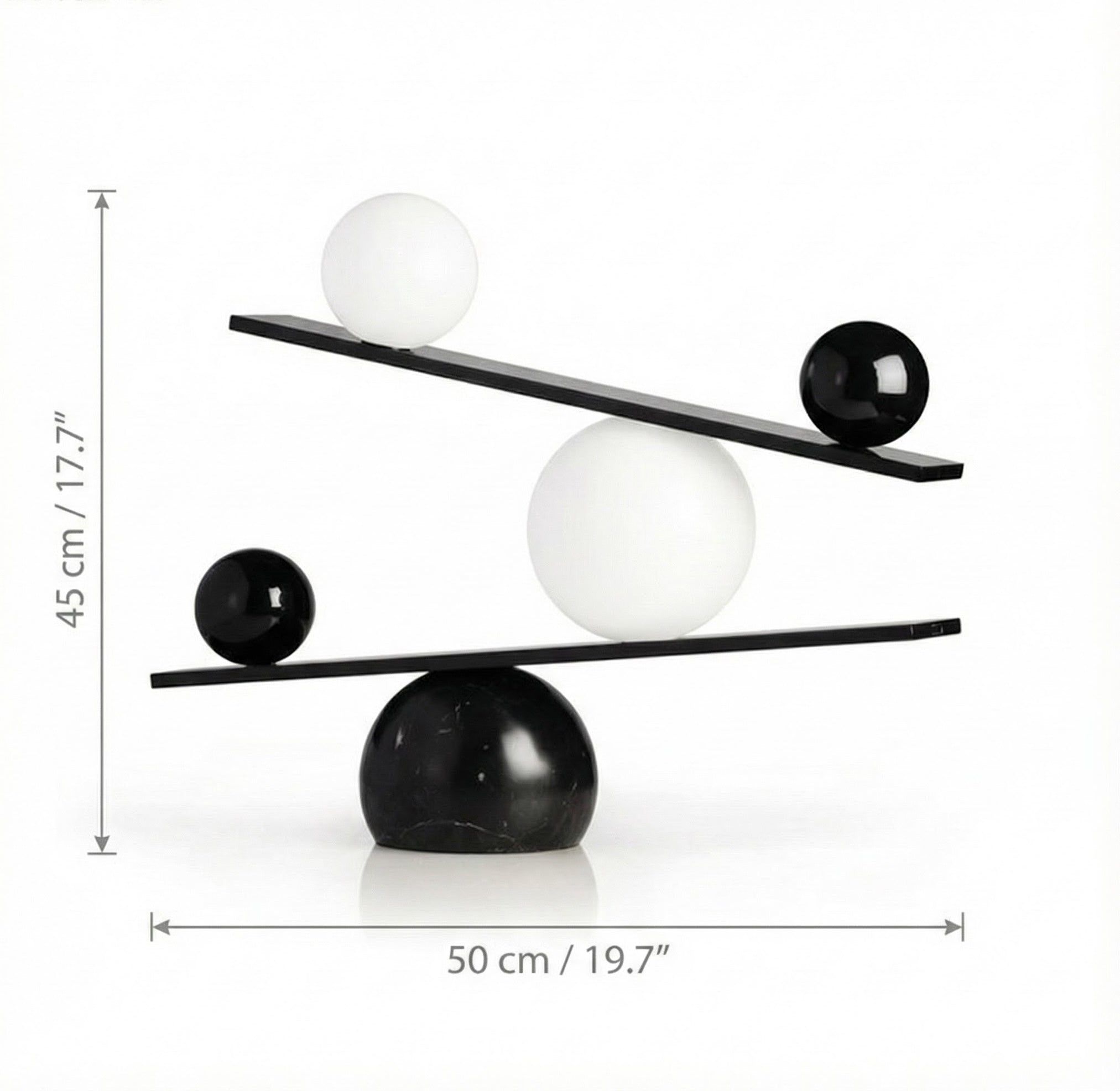 Dimensions of sculptural balance lamp showing 50cm width and 45cm height