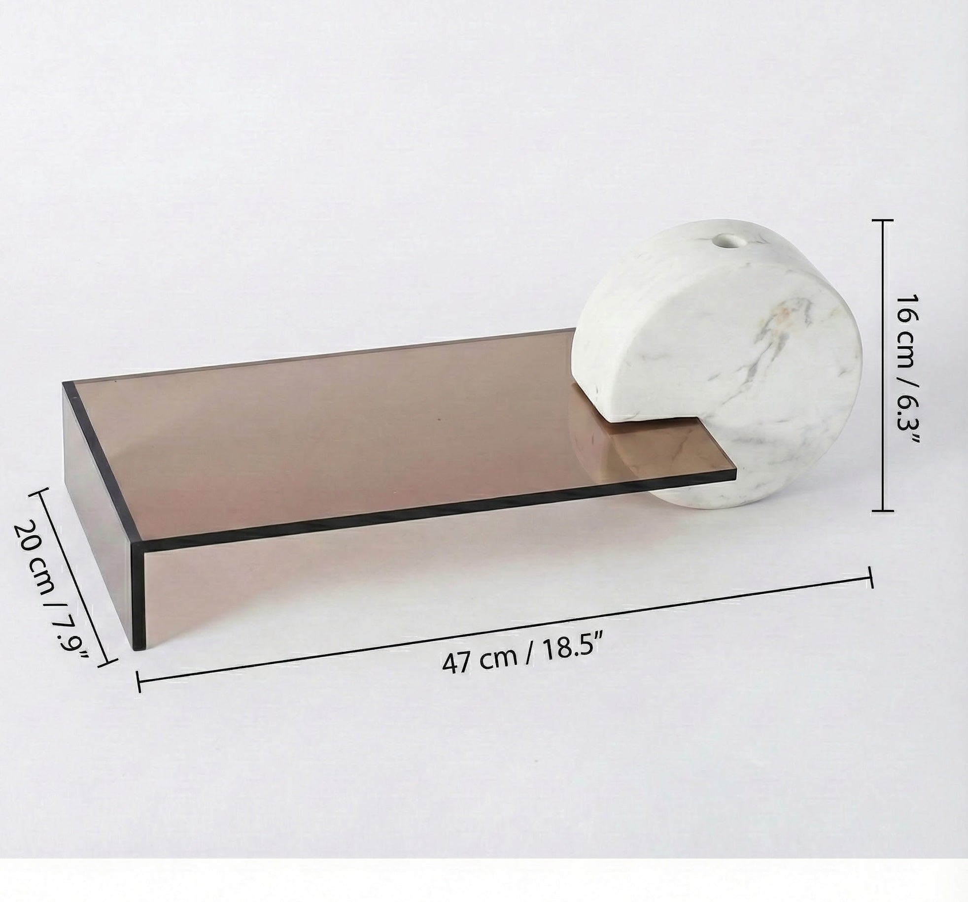 White marble disc vase with smoked amber shelf showing dimensions of 47cm length and 16cm height
