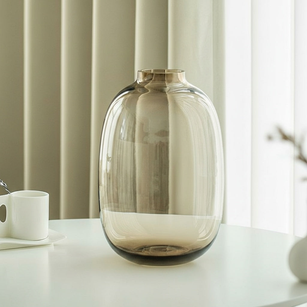 Close up of empty sepia glass oval vase on white table