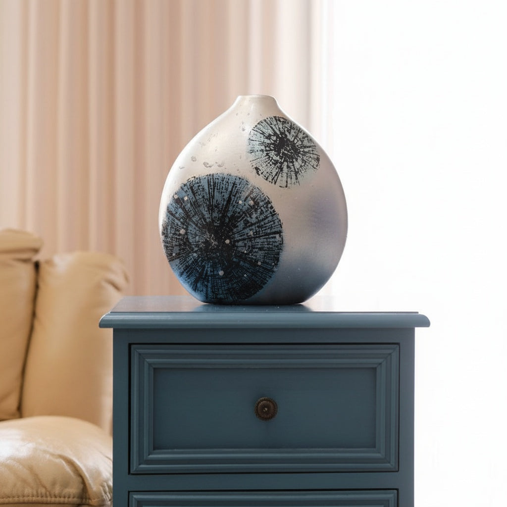 Silver And Blue Patterned Decorative Vase