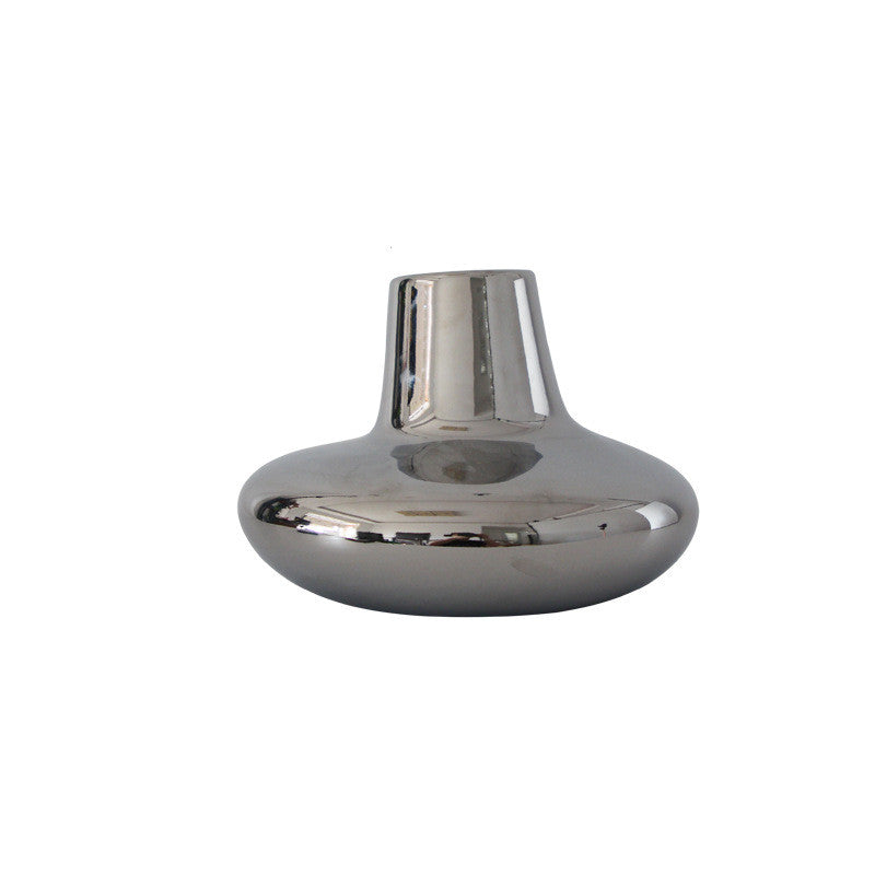 Large wide-bottom silver ceramic vase front view